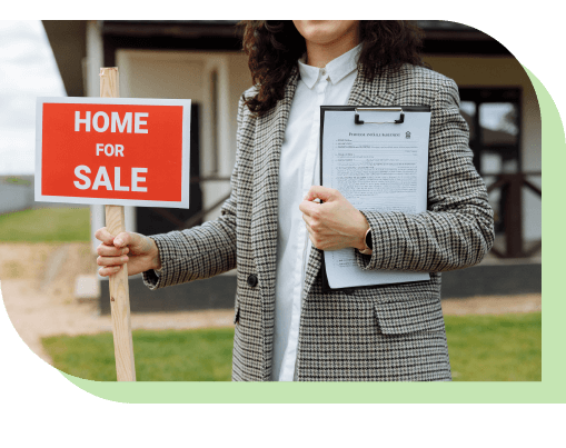 Sales agent lady holding a sign of Home for Sale