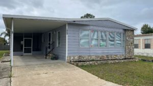 Side view of clear blue mobile home
